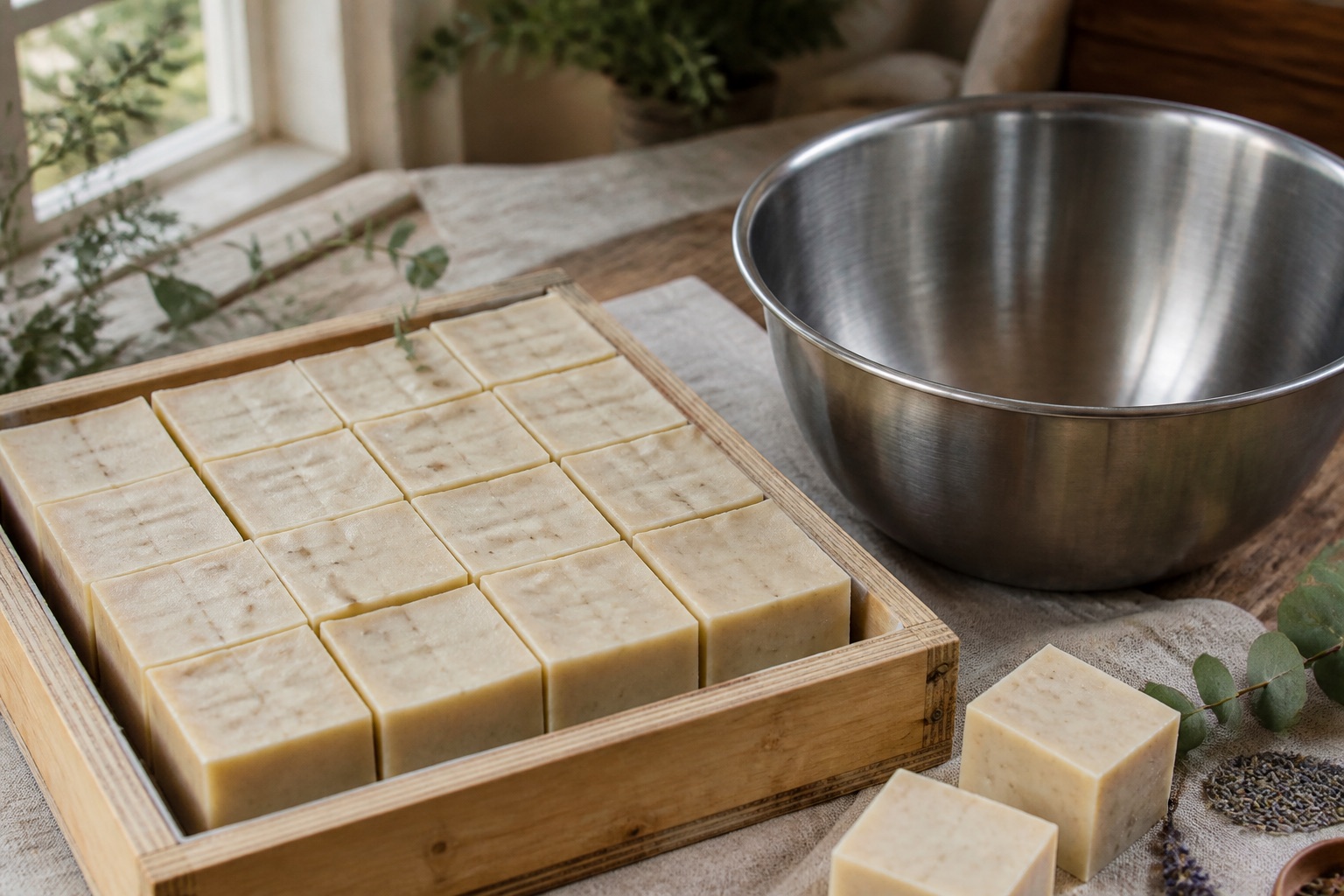 Fresh square soap bars beside a large empty mixing bowl